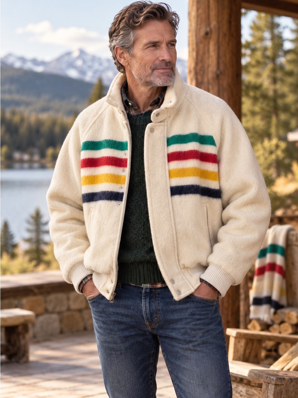 Vintage Hudson’s Bay HBC Multistripe Wool Bomber Jacket Men’s L Canada